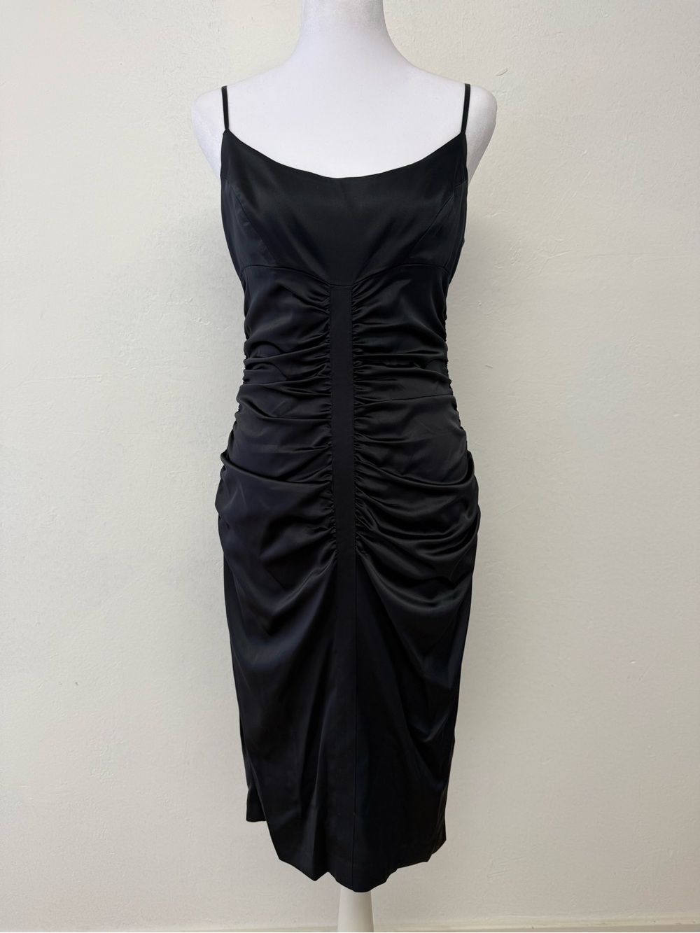 bebe Black Ruched Slip Midi Dress with Spaghetti Straps
